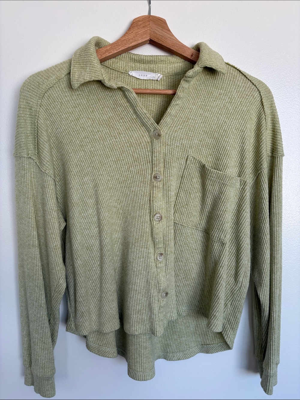 Light Olive Button-Up Ribbed Collared Sweater - Picture 3 of 6